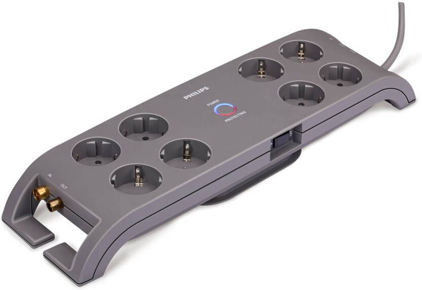 Philips 8 voudige Stekkerdoos Spn5085b/10 230v Type F Netspanningsbeveiliging Coax En Telefoonaansluitingen